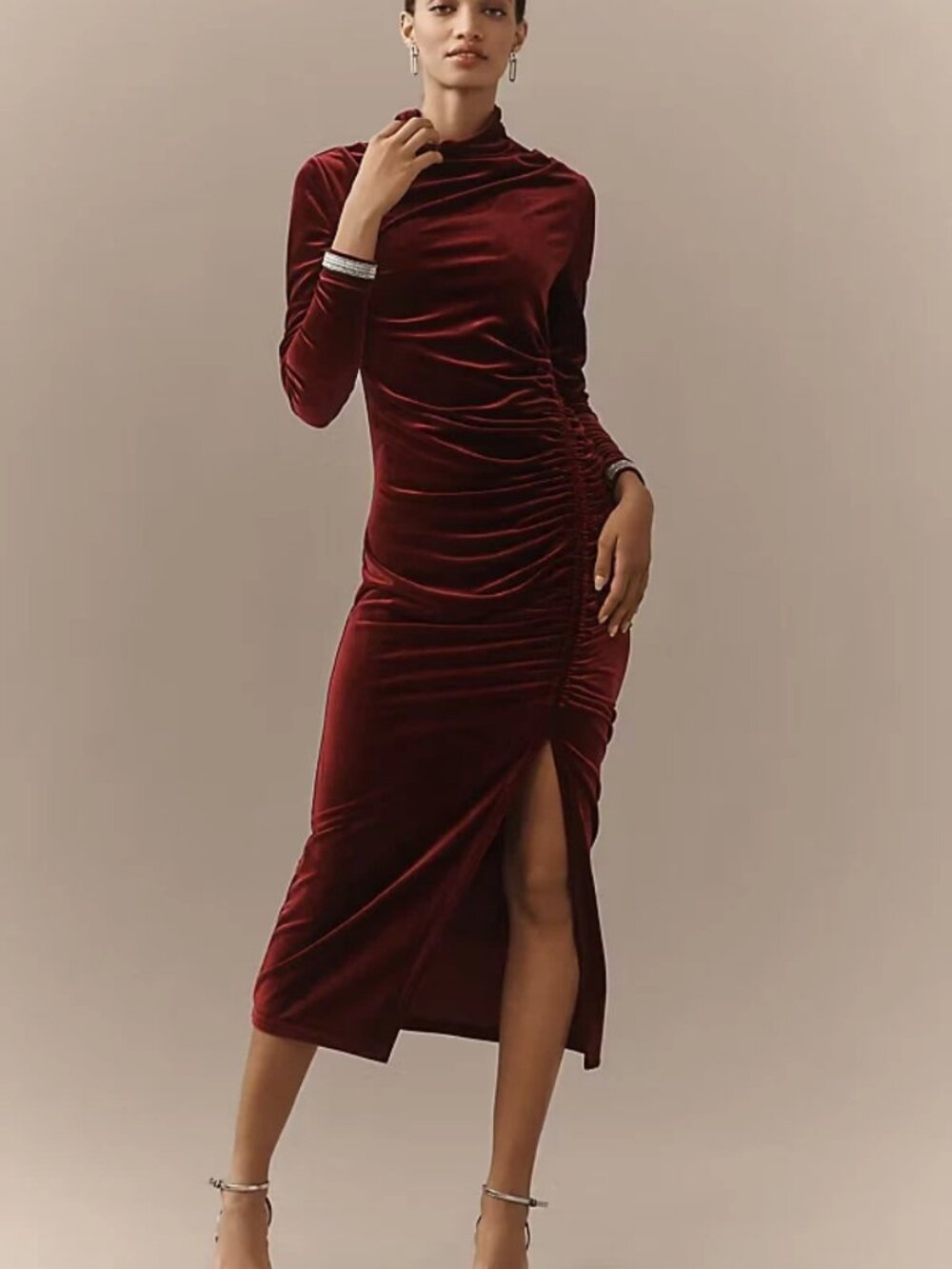 New Anthropologie The Maya Ruched Cowl-Neck Dress: Velvet Long-Sleeve Edition